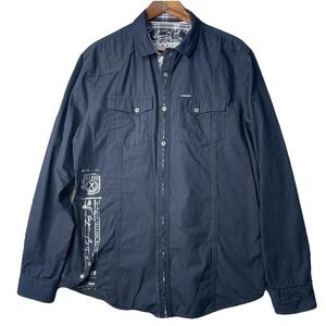 Marc Ecko Long Sleeve Button Up Shirt Men Large Two Pointed-Flap Pockets Black